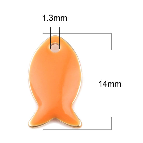 Image de Breloques Sequins Emaillés Double Face en Laiton Poisson Doré Orange 14mm x 8mm, 10 Pcs