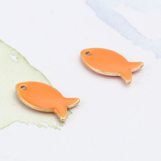 Image de Breloques Sequins Emaillés Double Face en Laiton Poisson Doré Orange 14mm x 8mm, 10 Pcs