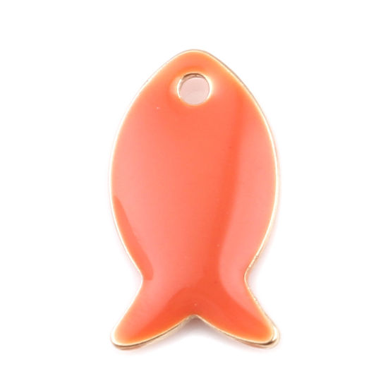 Image de Breloques Sequins Emaillés Double Face en Laiton Poisson Doré Rouge Orangé 14mm x 8mm, 10 Pcs