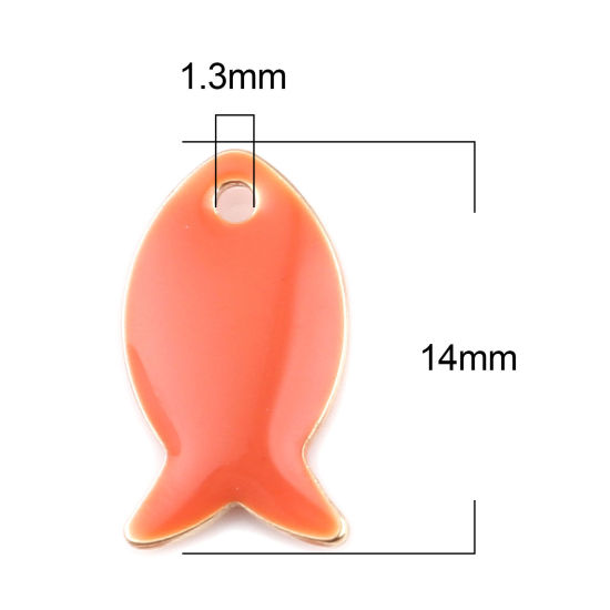 Image de Breloques Sequins Emaillés Double Face en Laiton Poisson Doré Rouge Orangé 14mm x 8mm, 10 Pcs
