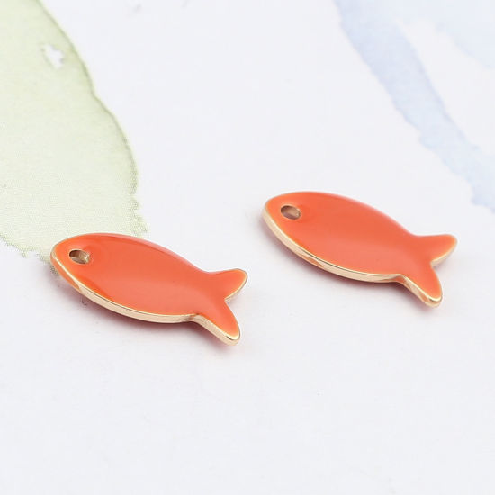 Image de Breloques Sequins Emaillés Double Face en Laiton Poisson Doré Rouge Orangé 14mm x 8mm, 10 Pcs