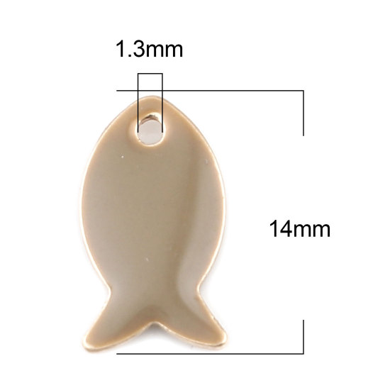 Image de Breloques Sequins Emaillés Double Face en Laiton Poisson Doré Café Clair 14mm x 8mm, 10 Pcs