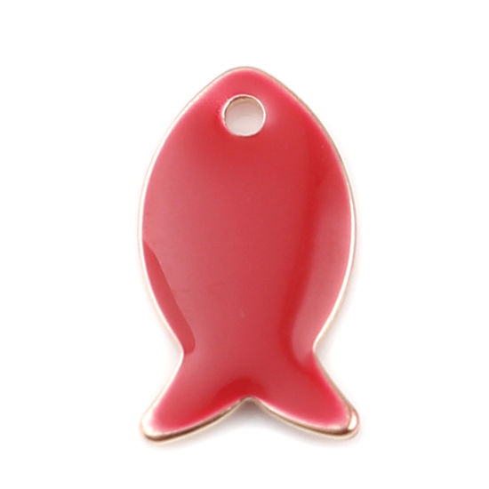 Image de Breloques Sequins Emaillés Double Face en Laiton Poisson Doré Rouge 14mm x 8mm, 10 Pcs