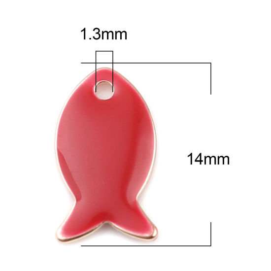 Image de Breloques Sequins Emaillés Double Face en Laiton Poisson Doré Rouge 14mm x 8mm, 10 Pcs