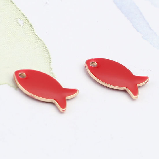 Image de Breloques Sequins Emaillés Double Face en Laiton Poisson Doré Rouge 14mm x 8mm, 10 Pcs
