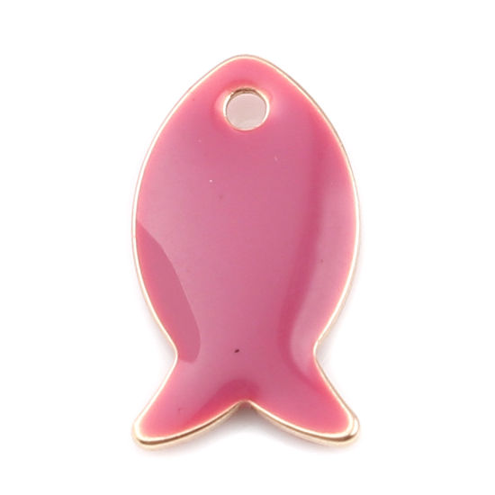 Image de Breloques Sequins Emaillés Double Face en Laiton Poisson Doré Fuchsia Claire 14mm x 8mm, 10 Pcs