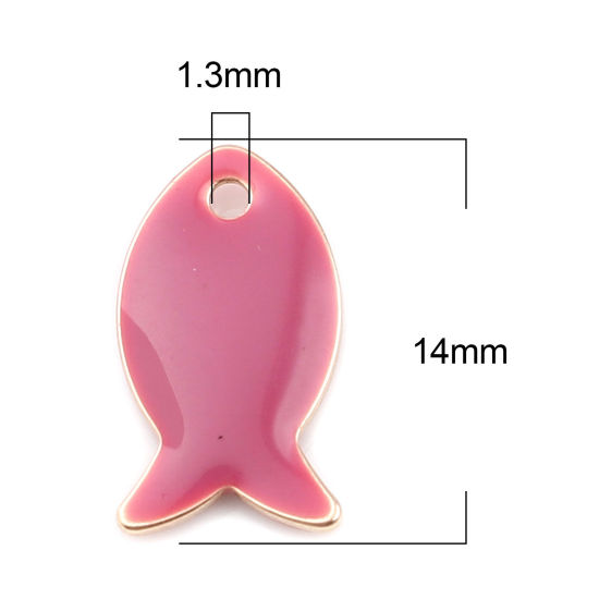 Image de Breloques Sequins Emaillés Double Face en Laiton Poisson Doré Fuchsia Claire 14mm x 8mm, 10 Pcs