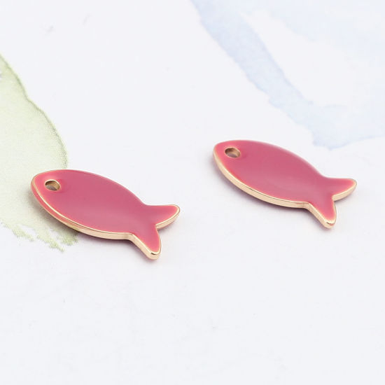 Image de Breloques Sequins Emaillés Double Face en Laiton Poisson Doré Fuchsia Claire 14mm x 8mm, 10 Pcs