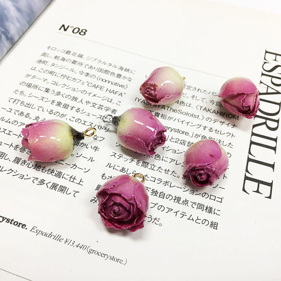 亜鉛合金 レジンクラフト ドライフラワー 押し花 ペンダント KC金メッキ ホットピンク 3cm - 0.8cm、 2 個 の画像