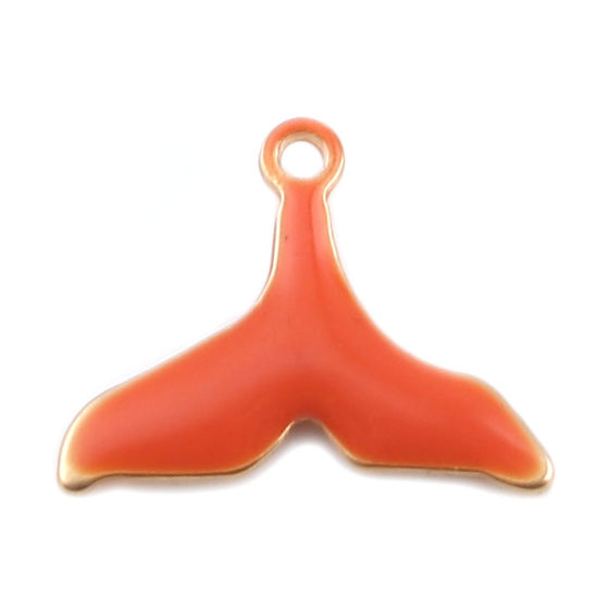 Immagine di Ottone Sequins Smaltati Charms Oro Placcato Rosso Arancione Fishtail 12mm x 9mm, 10 Pz