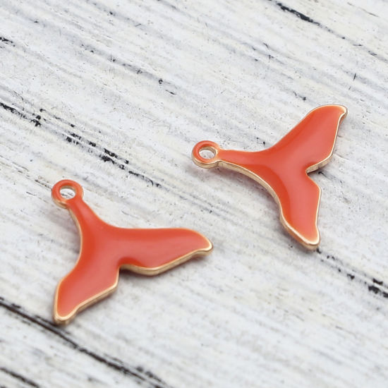 Immagine di Ottone Sequins Smaltati Charms Oro Placcato Rosso Arancione Fishtail 12mm x 9mm, 10 Pz