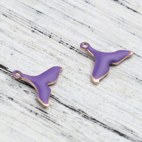 Immagine di Ottone Sequins Smaltati Charms Oro Placcato Colore Viola Fishtail 12mm x 9mm, 10 Pz