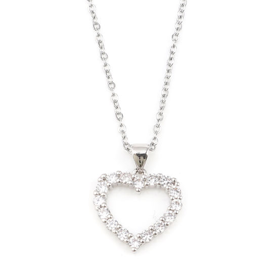 Image de Chaîne Maille Forçat Colliers en Acier Inoxydable La Saint Valentin Argent Mat Cœur à Zirconia Cubique Clair 45cm Long, 1 Pièce