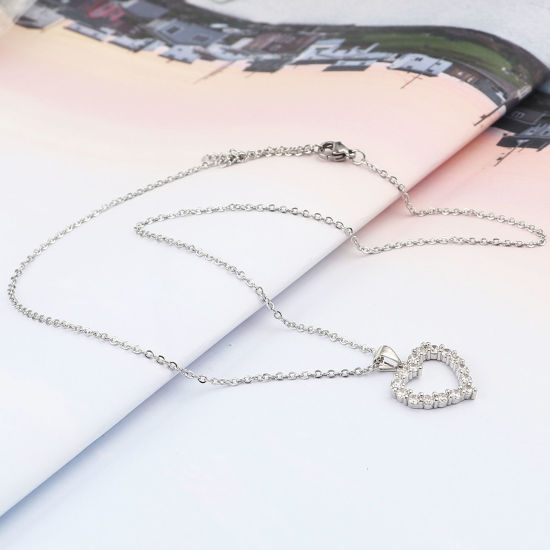 Image de Chaîne Maille Forçat Colliers en Acier Inoxydable La Saint Valentin Argent Mat Cœur à Zirconia Cubique Clair 45cm Long, 1 Pièce
