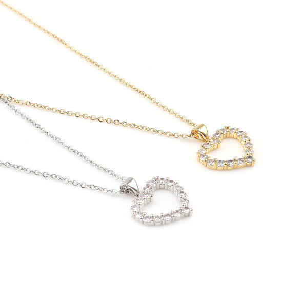 Image de Chaîne Maille Forçat Colliers en Acier Inoxydable La Saint Valentin Argent Mat Cœur à Zirconia Cubique Clair 45cm Long, 1 Pièce
