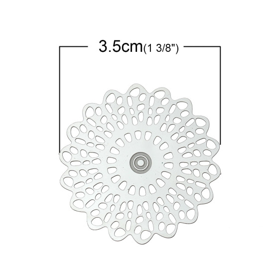 304ステンレス鋼 ハンドメイド フィリグリー  透かしパーツ  花 シルバートーン 35mm x 34mm、 20 個 の画像