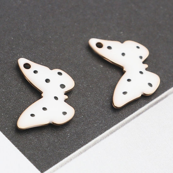 Imagen de Latón Lentejuelas Esmaltadas Colgantes Charms Chapado en Oro Blanco Mariposa Punto 15mm x 10mm, 5 Unidades