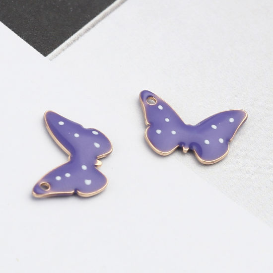 Immagine di Ottone Sequins Smaltati Charms Oro Placcato Blu Viola Farfalla Polka Dot 15mm x 10mm, 5 Pz
