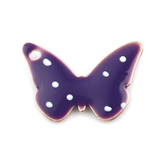 Imagen de Latón Lentejuelas Esmaltadas Colgantes Charms Chapado en Oro Púrpura Mariposa Punto 15mm x 10mm, 5 Unidades