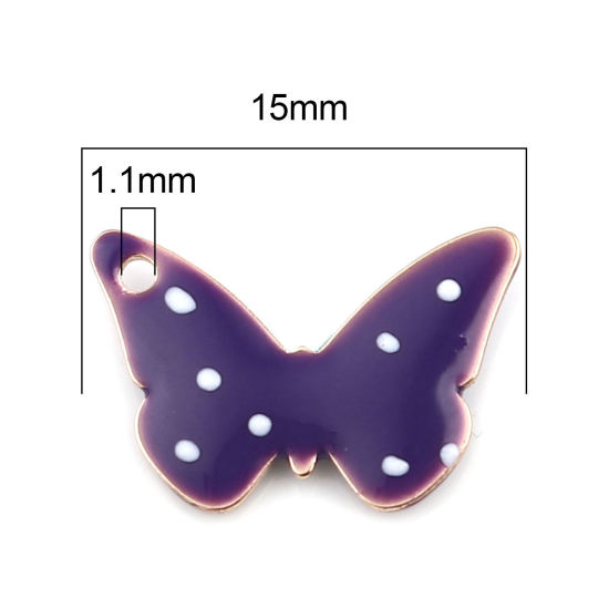 Imagen de Latón Lentejuelas Esmaltadas Colgantes Charms Chapado en Oro Púrpura Mariposa Punto 15mm x 10mm, 5 Unidades