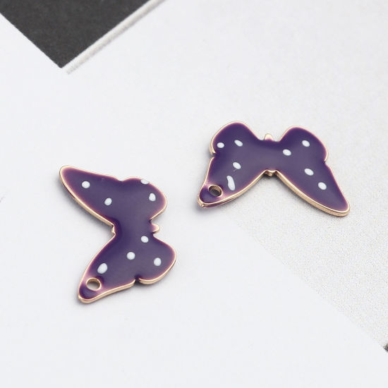 Imagen de Latón Lentejuelas Esmaltadas Colgantes Charms Chapado en Oro Púrpura Mariposa Punto 15mm x 10mm, 5 Unidades