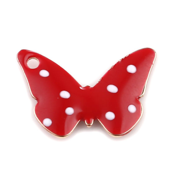 Imagen de Latón Lentejuelas Esmaltadas Colgantes Charms Chapado en Oro Rojo Mariposa Punto 15mm x 10mm, 5 Unidades