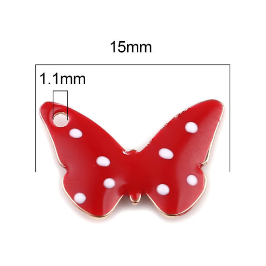 Imagen de Latón Lentejuelas Esmaltadas Colgantes Charms Chapado en Oro Rojo Mariposa Punto 15mm x 10mm, 5 Unidades
