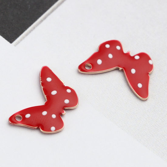 Imagen de Latón Lentejuelas Esmaltadas Colgantes Charms Chapado en Oro Rojo Mariposa Punto 15mm x 10mm, 5 Unidades