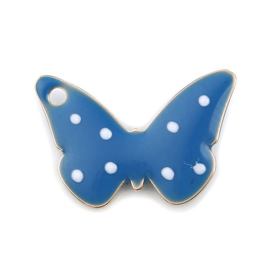 Imagen de Latón Lentejuelas Esmaltadas Colgantes Charms Chapado en Oro Azul Mariposa Punto 15mm x 10mm, 5 Unidades
