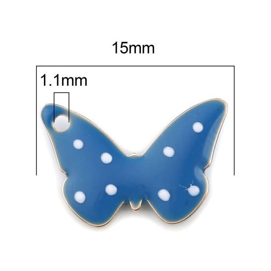 Imagen de Latón Lentejuelas Esmaltadas Colgantes Charms Chapado en Oro Azul Mariposa Punto 15mm x 10mm, 5 Unidades