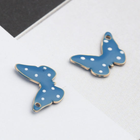 Imagen de Latón Lentejuelas Esmaltadas Colgantes Charms Chapado en Oro Azul Mariposa Punto 15mm x 10mm, 5 Unidades