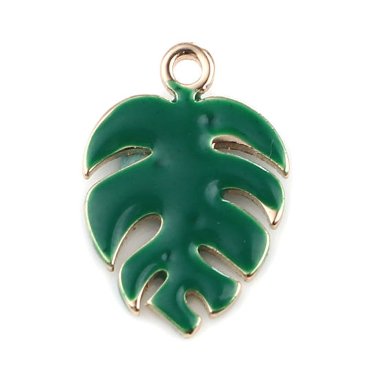 Image de Breloques Sequins Emaillés Double Face en Laiton Monstera Doré Vert Foncé 13mm x 9mm, 5 Pcs