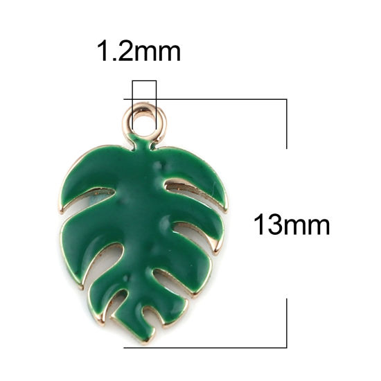 Image de Breloques Sequins Emaillés Double Face en Laiton Monstera Doré Vert Foncé 13mm x 9mm, 5 Pcs