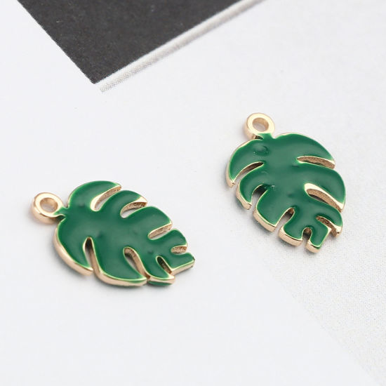 Image de Breloques Sequins Emaillés Double Face en Laiton Monstera Doré Vert Foncé 13mm x 9mm, 5 Pcs