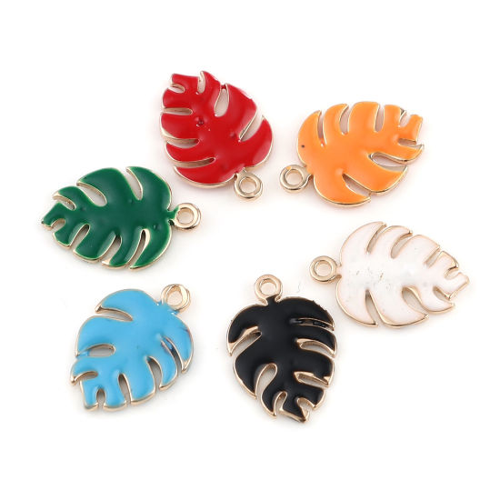 Image de Breloques Sequins Emaillés Double Face en Laiton Monstera Doré Vert Foncé 13mm x 9mm, 5 Pcs