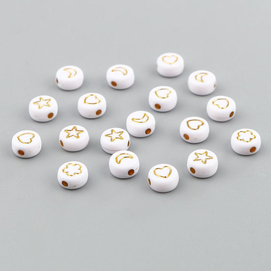 Image de Perles en Acrylique Galaxie Fleur Blanc & Or au Hasard Env. 7mm Dia, Trou: env. 1.5mm, 500 Pcs