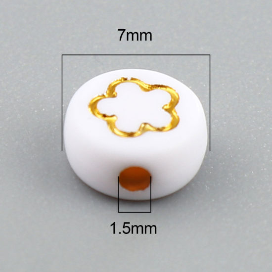 Image de Perles en Acrylique Galaxie Fleur Blanc & Or au Hasard Env. 7mm Dia, Trou: env. 1.5mm, 500 Pcs