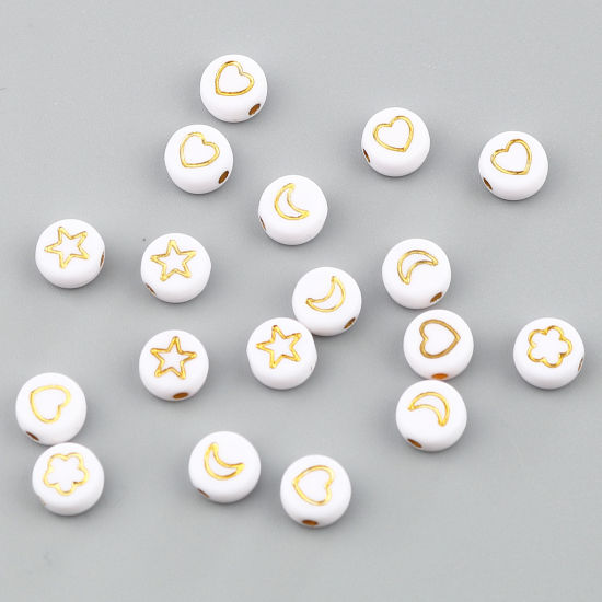 Image de Perles en Acrylique Galaxie Fleur Blanc & Or au Hasard Env. 7mm Dia, Trou: env. 1.5mm, 500 Pcs