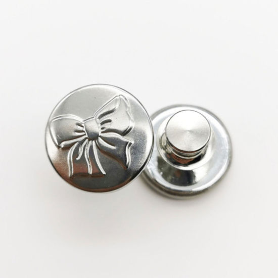 Picture of Zinc Based Alloy Metal Detachable Instant Snap Tack Fastener Jeans Buttons Pant Waistband Extender Round Silver Tone Bowknot Carved Adjustable 17mm Dia., 2 PCs