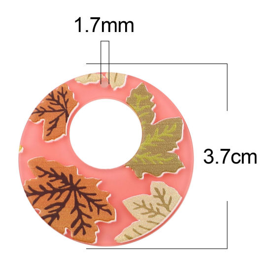 5 個 樹脂 ペンダント 円形 紅葉 ホットピンク 3.7cm 直径、 の画像