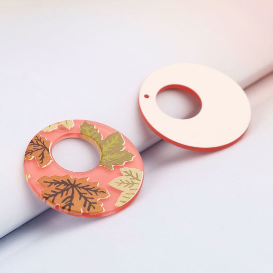 5 個 樹脂 ペンダント 円形 紅葉 ホットピンク 3.7cm 直径、 の画像