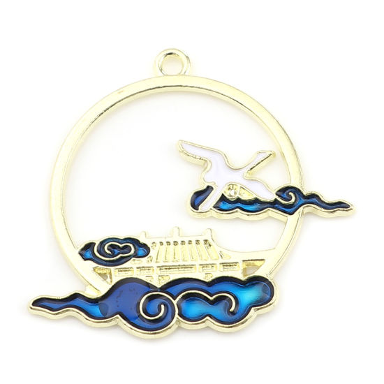 Imagen de Zamak Colgantes Ronda Chapado en Oro Azul Grulla Esmalte 3.5cm x 3.2cm, 10 Unidades