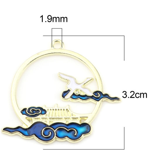 Imagen de Zamak Colgantes Ronda Chapado en Oro Azul Grulla Esmalte 3.5cm x 3.2cm, 10 Unidades