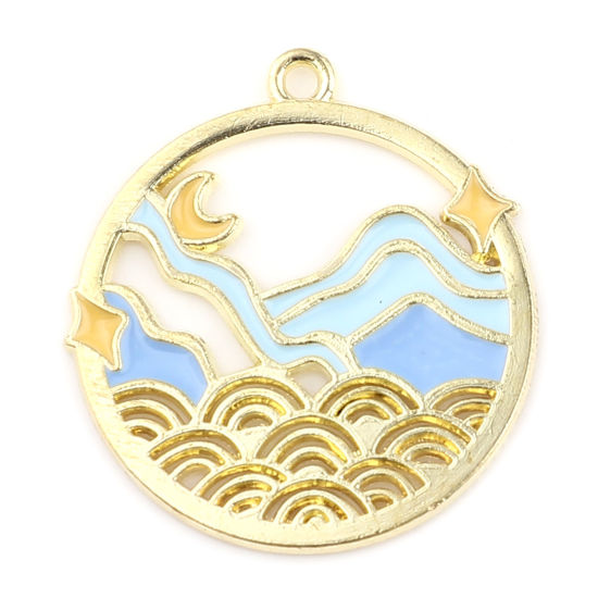 Imagen de Zamak Colgantes Ronda Chapado en Oro Azul Paisaje Natural Esmalte 3cm x 2.8cm, 10 Unidades