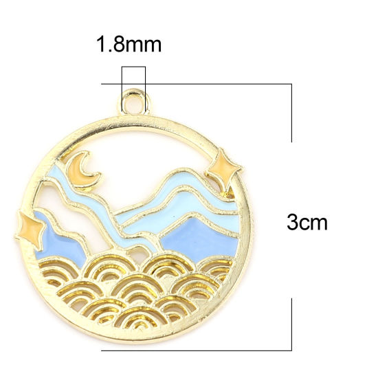 Imagen de Zamak Colgantes Ronda Chapado en Oro Azul Paisaje Natural Esmalte 3cm x 2.8cm, 10 Unidades