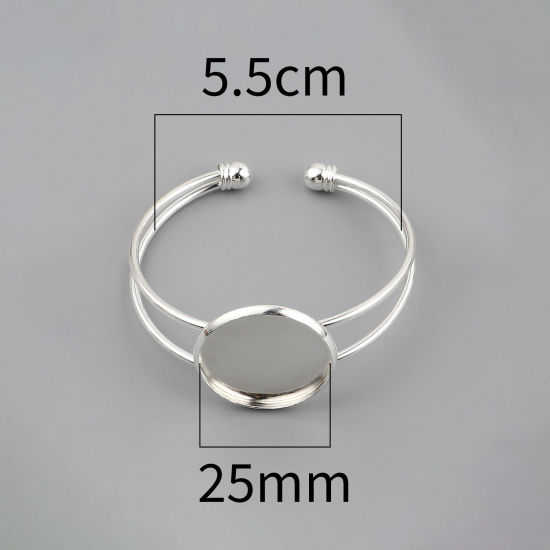 真鍮 カボションセッティング カフ バングル ブレスレット 円形 銀メッキ 台座付 (適応サイズ: 25mm） 17cm長さ、 2 個 の画像