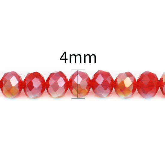 ガラス ビーズ 円形 赤 ABカラー メッキ ファセット・カット 約 4mm 直径、 穴：約 0.9mm、 49.5cm - 48.5cm 長さ、 2 連 （約 140 個/連） の画像