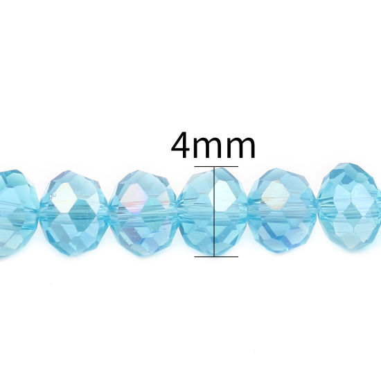 ガラス ビーズ 円形 ターコイズ色 ABカラー メッキ ファセット・カット 約 4mm 直径、 穴：約 0.9mm、 49.5cm - 48.5cm 長さ、 2 連 （約 140 個/連） の画像