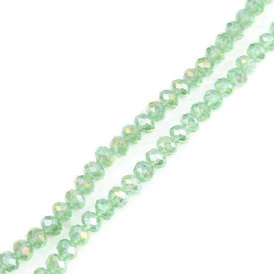 ガラス ビーズ 円形 青磁色 ABカラー メッキ ファセット・カット 約 6mm 直径、 穴：約 1.4mm、 43cm - 42.5cm 長さ、 2 連 （約 90 個/連） の画像