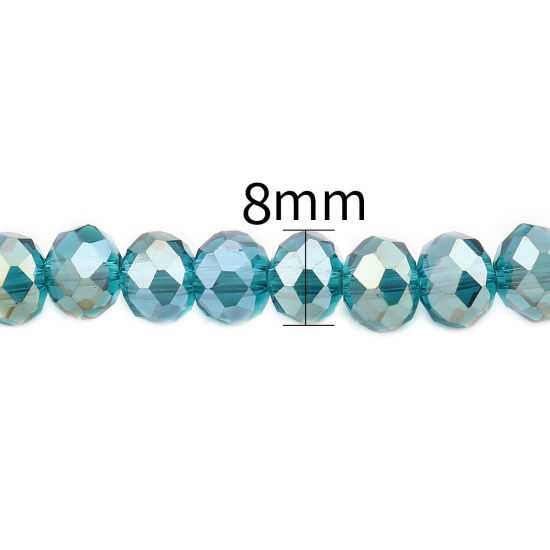 ガラス ビーズ 円形 ピーコックブルー ABカラー メッキ ファセット・カット 約 8mm 直径、 穴：約 1.4mm、 43.5cm - 42.5cm 長さ、 2 連 （約 68 個/連） の画像